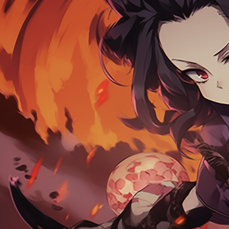 Two characters depicted in a close-up, intricate detailing on their traditional Japanese demon slayer uniforms, against a spooky background. matching demon slayer pfp halloween theme illustrations pfp for discord.