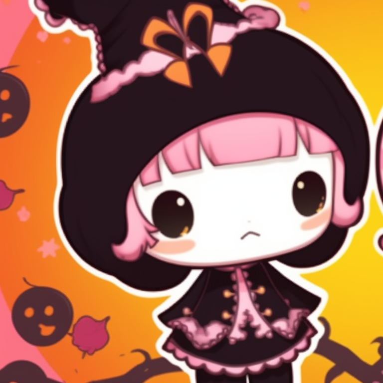 Close-up of two characters in My Melody costumes, displaying suspense and excitement, rich shadows and dim lighting. my melody matching pfp halloween theme costume ideas pfp for discord.