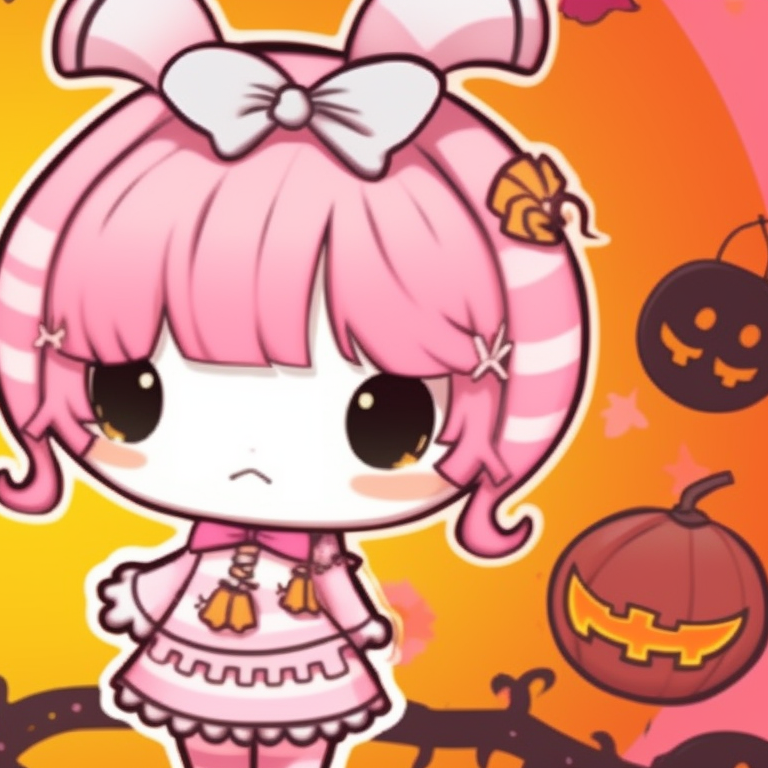 Close-up of two characters in My Melody costumes, displaying suspense and excitement, rich shadows and dim lighting. my melody matching pfp halloween theme costume ideas pfp for discord.