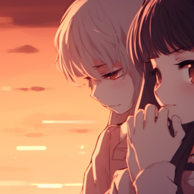 Two characters sharing a single umbrella, pouring rain and wet pavement, high contrast and cool color palette romantic matching anime pfp pfp for discord.