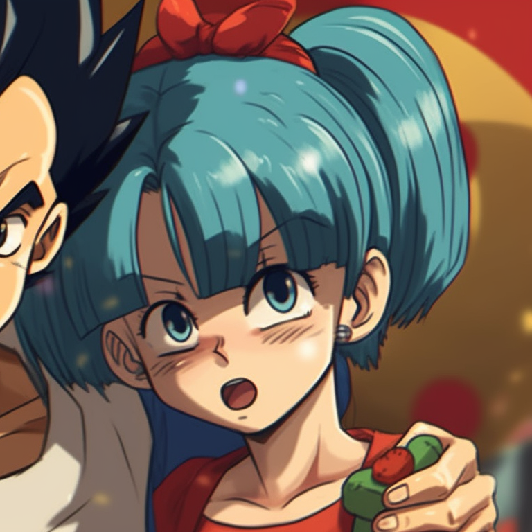 Vegeta and Bulma sharing a warm gaze, surrounded by sparkling Christmas ornaments. christmas dragonball bulma and vegeta matching pfp themes pfp for discord.