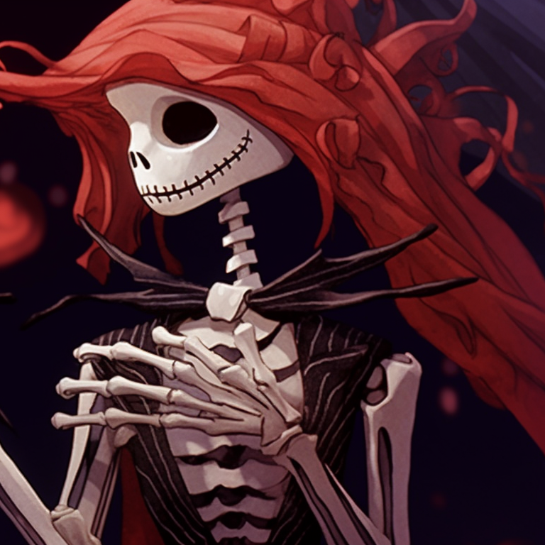 Pair of skeletons dressed in Christmas-themed attires, jingling bell details and festive colors. holiday themed matching christmas skeleton pfp pfp for discord.