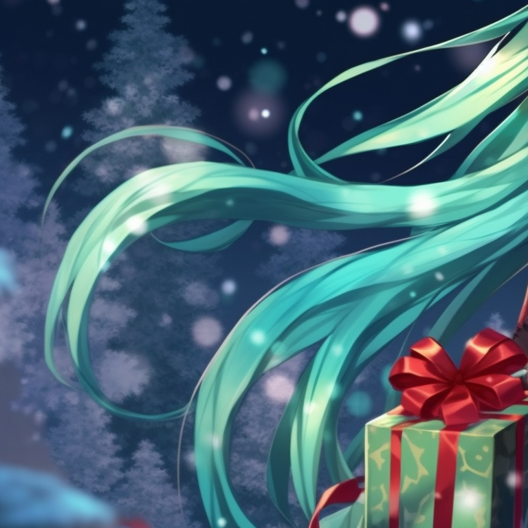 Mirror images of Hatsune Miku, festive attire with sparkling accents, seen holding a shimmering gift. anime theme: matching christmas hatsune miku pfp pfp for discord.