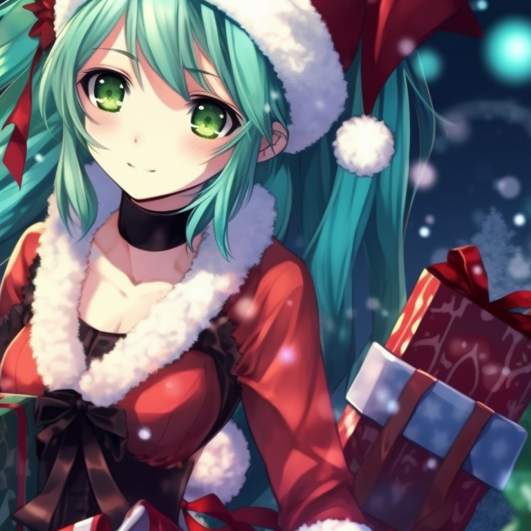 Mirror images of Hatsune Miku, festive attire with sparkling accents, seen holding a shimmering gift. anime theme: matching christmas hatsune miku pfp pfp for discord.