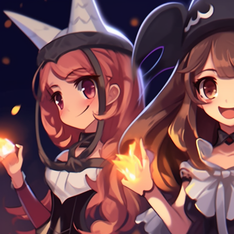 Five anime-style characters as classic Halloween monsters, set against a coffin backdrop, pastel hues with heavy inked lines. unique halloween theme for 5 friends matching pfp pfp for discord.