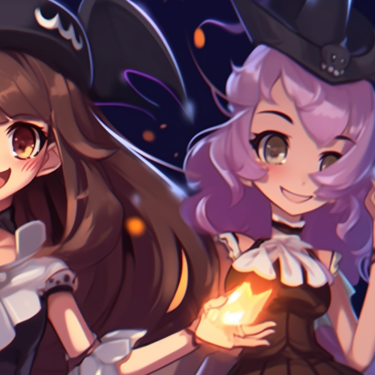 Five anime-style characters as classic Halloween monsters, set against a coffin backdrop, pastel hues with heavy inked lines. unique halloween theme for 5 friends matching pfp pfp for discord.