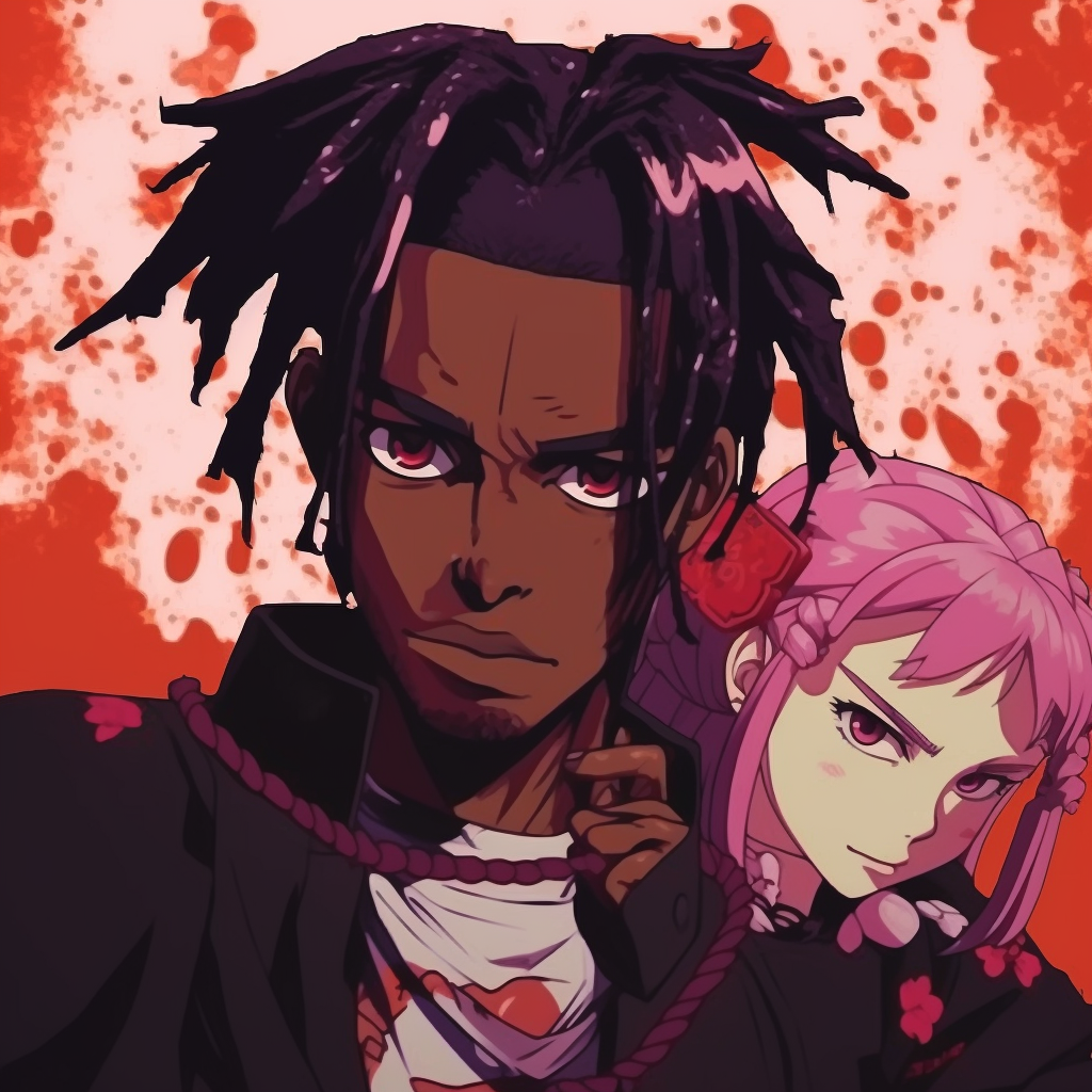 Samurai character in modern attire inspired by Playboi Carti, strong outlines and vivid color schemes. anime pfp inspired by playboi carti