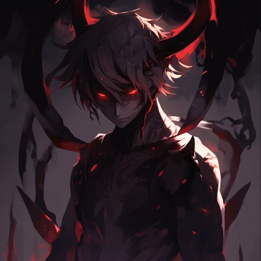 Close-up of a demon's sinister grin, emphasis on sharp teeth and icy blue eyes. anime demon pfp aesthetics pfp for discord.