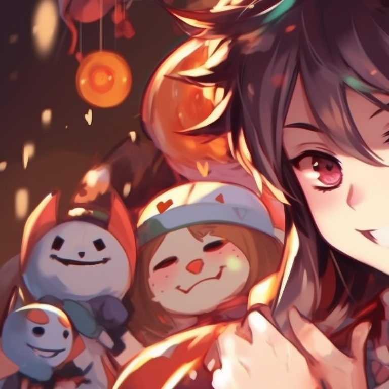 Hu Tao characters surrounded by glowing Christmas spirits, with cool color contrasts. festive matching hu tao pfp pfp for discord.