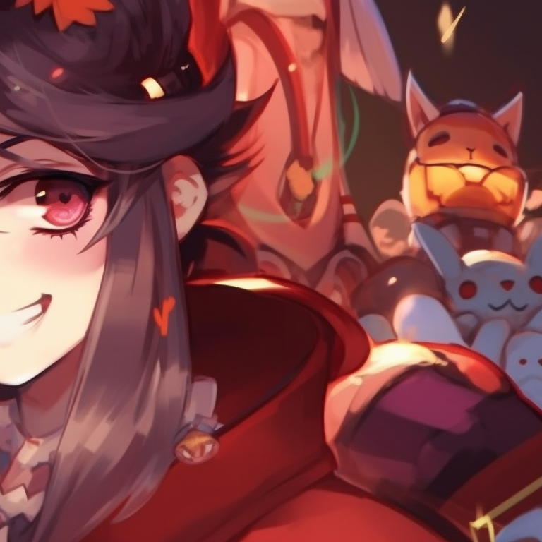 Hu Tao characters surrounded by glowing Christmas spirits, with cool color contrasts. festive matching hu tao pfp pfp for discord.