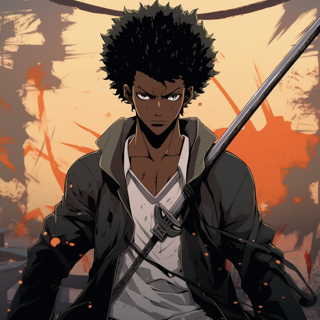 Afro Samurai character posing with his sword, vivid colors and detailed linework. influential best black anime characters pfp