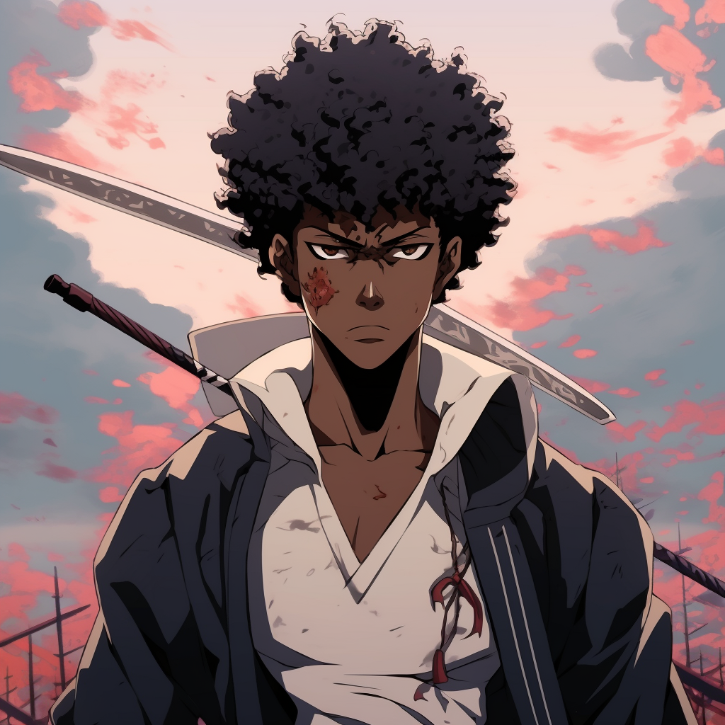 Close up of Afro Samurai showing intricate facial details and high contrast shading. influential best black anime characters pfp