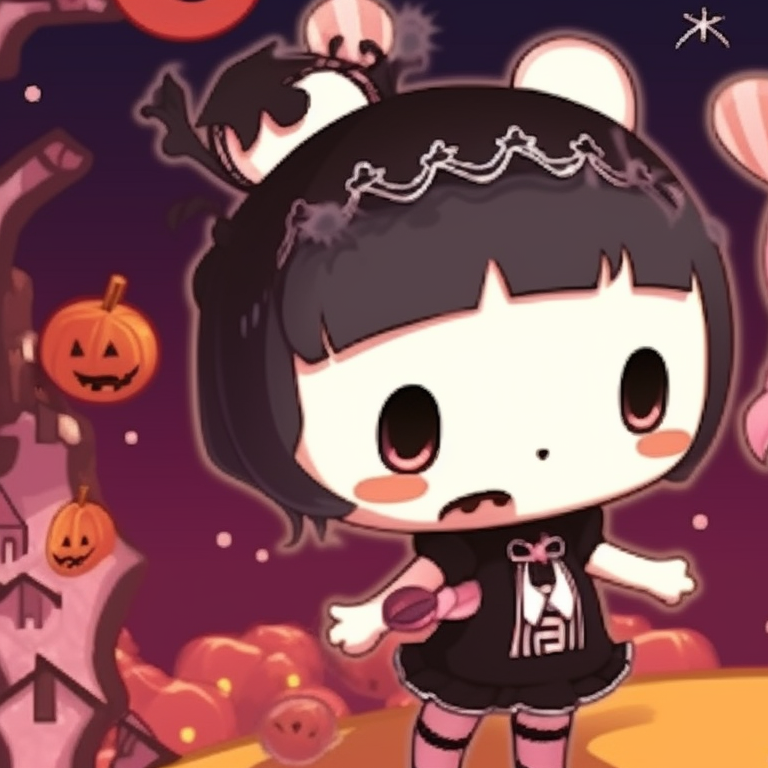 Two characters dressed in Halloween-themed My Melody costumes, bright, festive colors and intricate designs. my melody matching pfp halloween theme costume ideas pfp for discord.