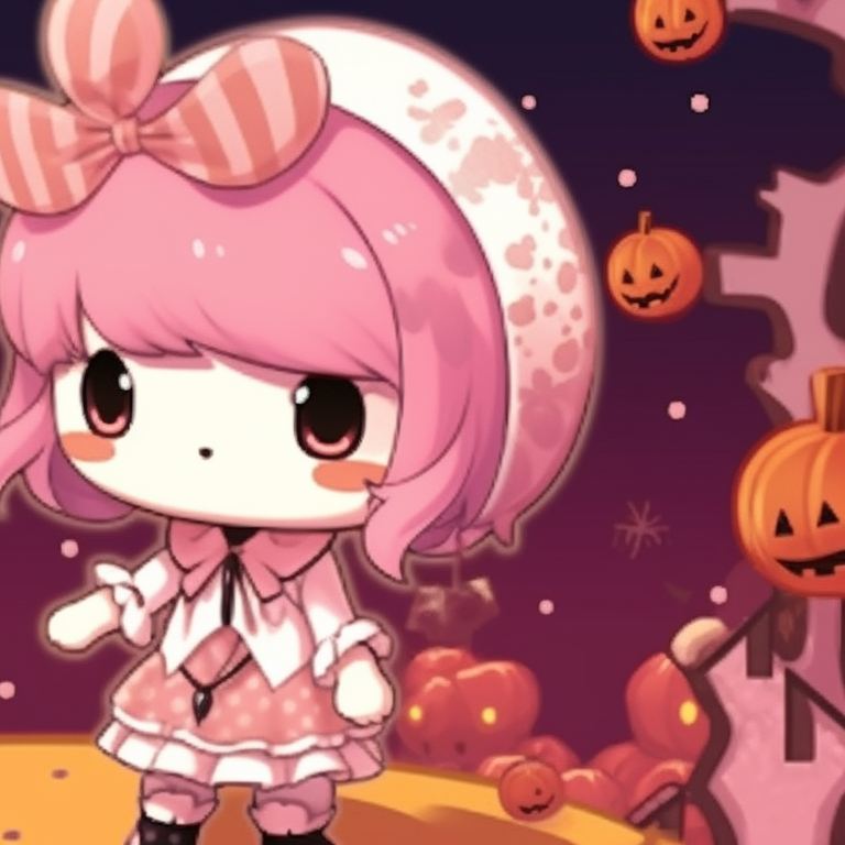 Two characters dressed in Halloween-themed My Melody costumes, bright, festive colors and intricate designs. my melody matching pfp halloween theme costume ideas pfp for discord.