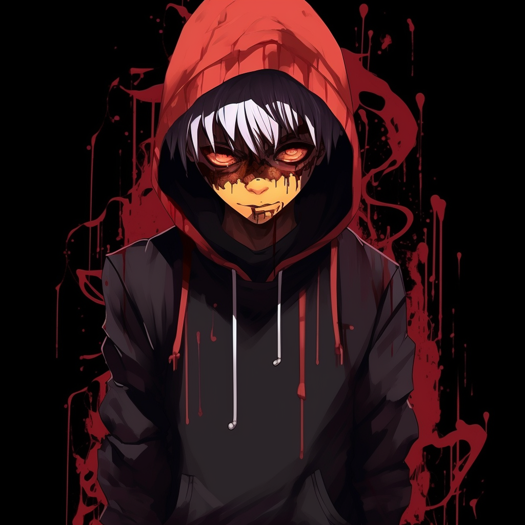 Tokyo Ghoul's character with drip style, use of dark shades and red accents. pfp ideas drippy anime style pfp for discord.