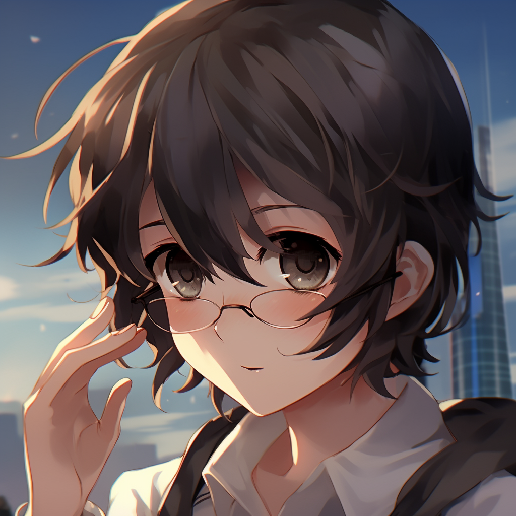 Cute boy adjusting glasses, with a focus on reflective lens detail. cute anime profile pictures for boys pfp for discord.