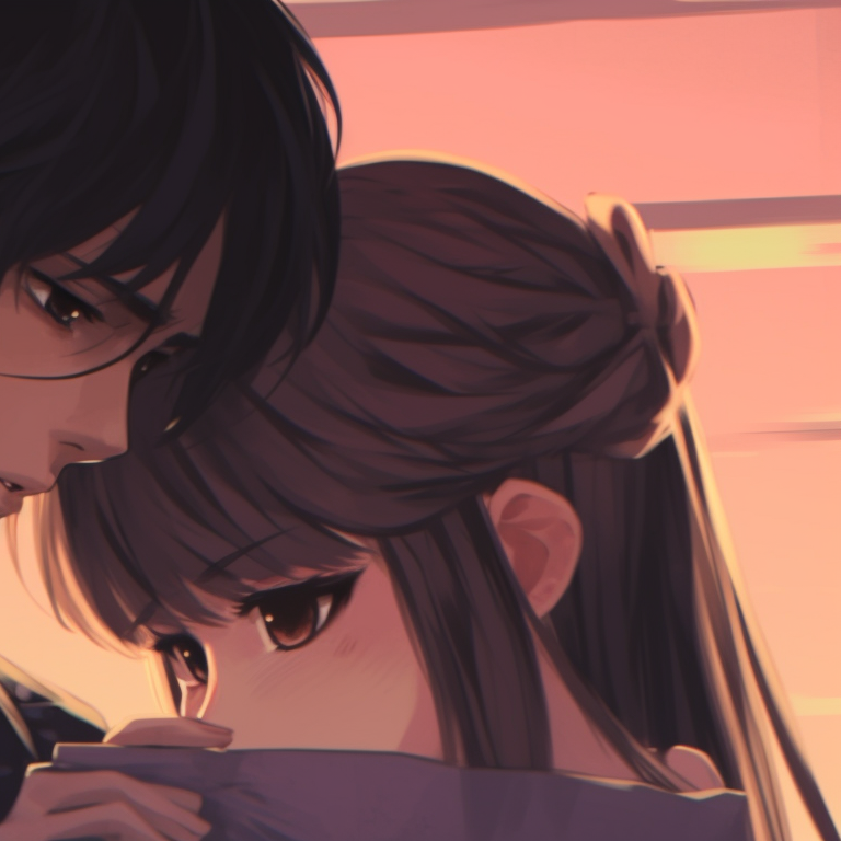Two characters in an intimate embrace, dusky colors and dreamy background. cool anime matching pfp couple pfp for discord.