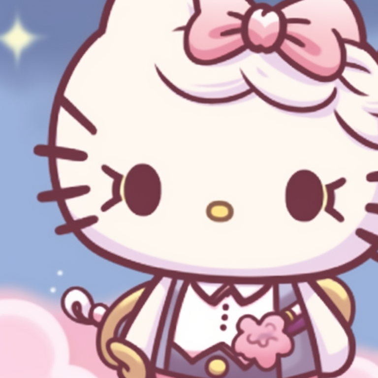 Two characters, Hello Kitty and Twin Stars, with celestial background and vibrant colors. adorable matching hello kitty pfp pfp for discord.
