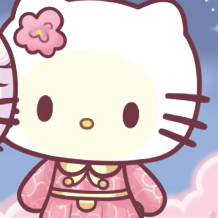Two characters, Hello Kitty and Twin Stars, with celestial background and vibrant colors. adorable matching hello kitty pfp pfp for discord.