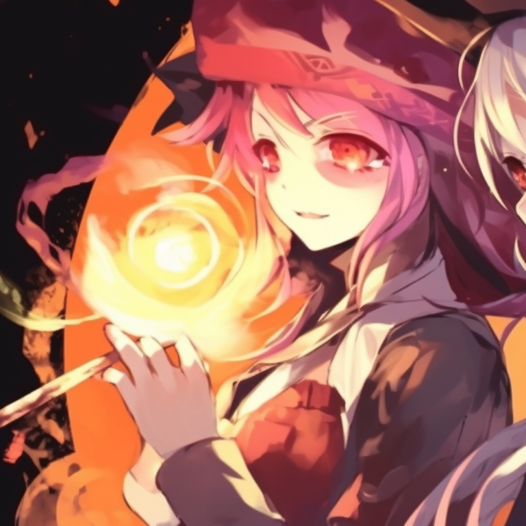 Two characters in yokai-themed costumes, traditional Japanese art style, caught in a mischievous moment. matching anime couple themed halloween costumes pfp for discord.