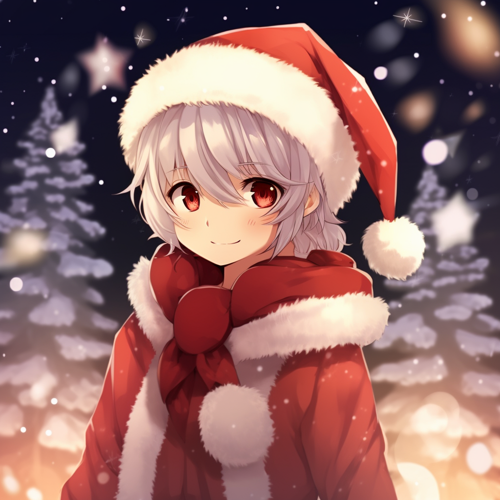 Close-up shot of Santa anime girl, focusing on her expressive eyes and rosy cheeks. christmas anime pfp