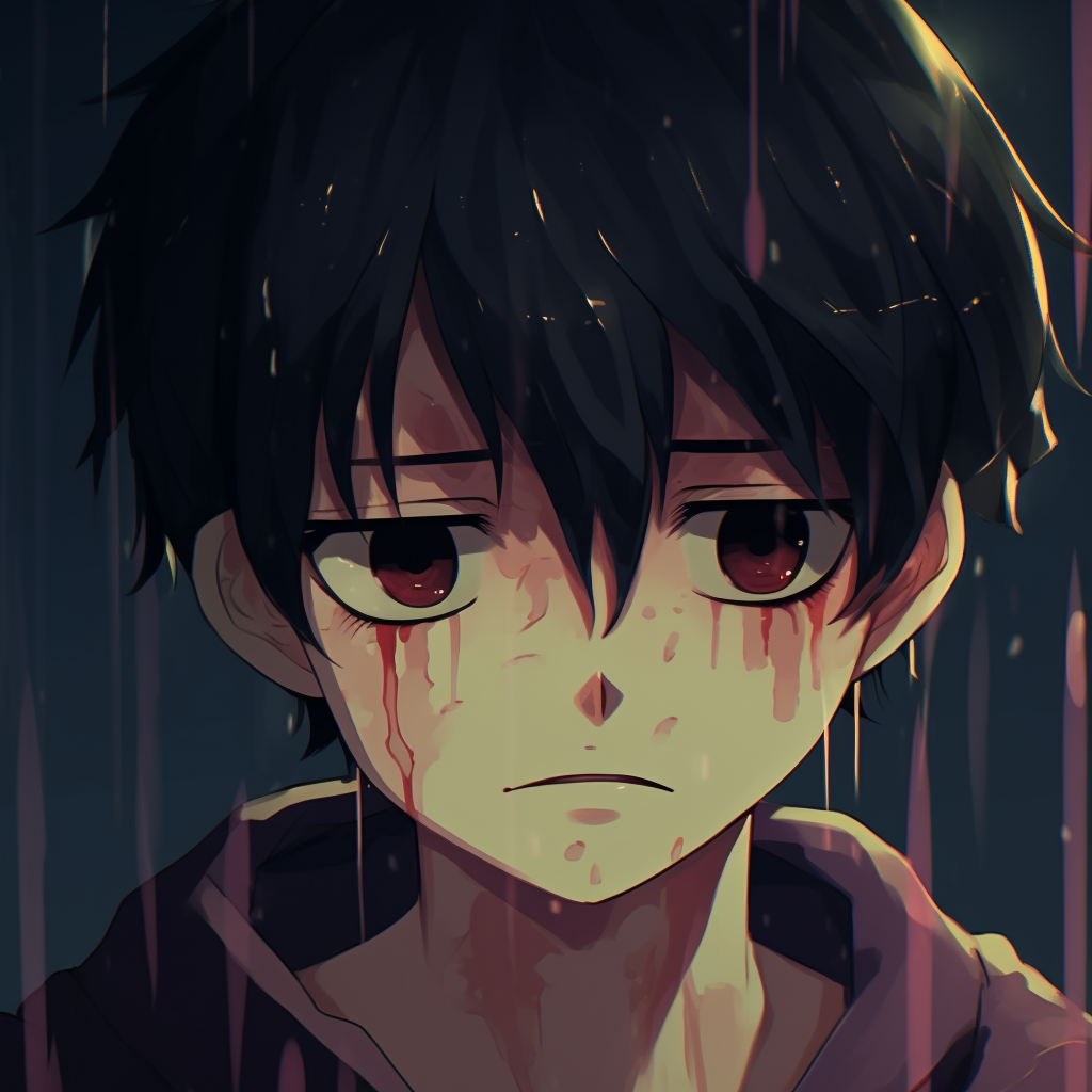 Luffy in a state of despair, highlighted by blue undertones and stark lighting. most poignant anime sad pfps