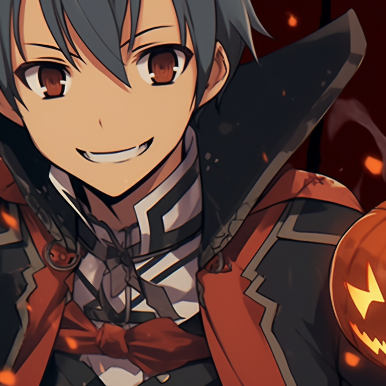 Romantic depiction of Kirito and Asuna under a Halloween moon, subtle shades and gentle lighting. kirito and asuna matching halloween pfp pfp for discord.