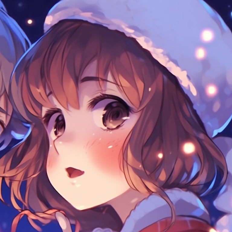 Two characters making festive gestures, reflection in the eyes showing Christmas tree and glowing lights. stylish matching aesthetic pfp for christmas pfp for discord.