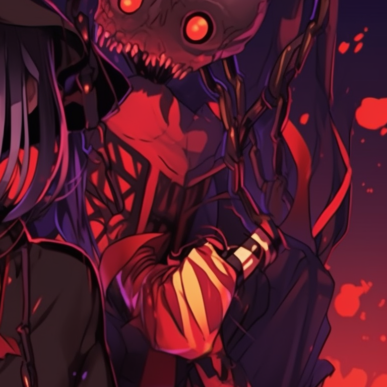 Two characters in under a moonlit sky, skeletal outfits and pastel colored background. halloween inspired non anime matching pfp pfp for discord.