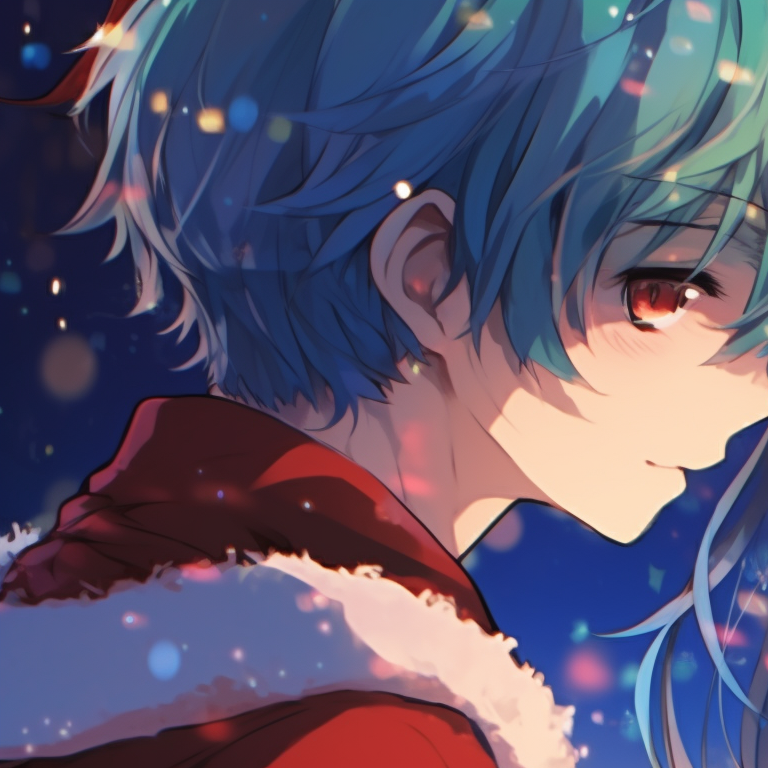 Two characters singing carols, warm tones and cheerful environment. festive matching anime christmas pfp pfp for discord.