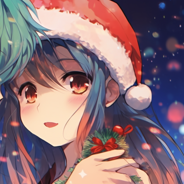 Two characters singing carols, warm tones and cheerful environment. festive matching anime christmas pfp pfp for discord.