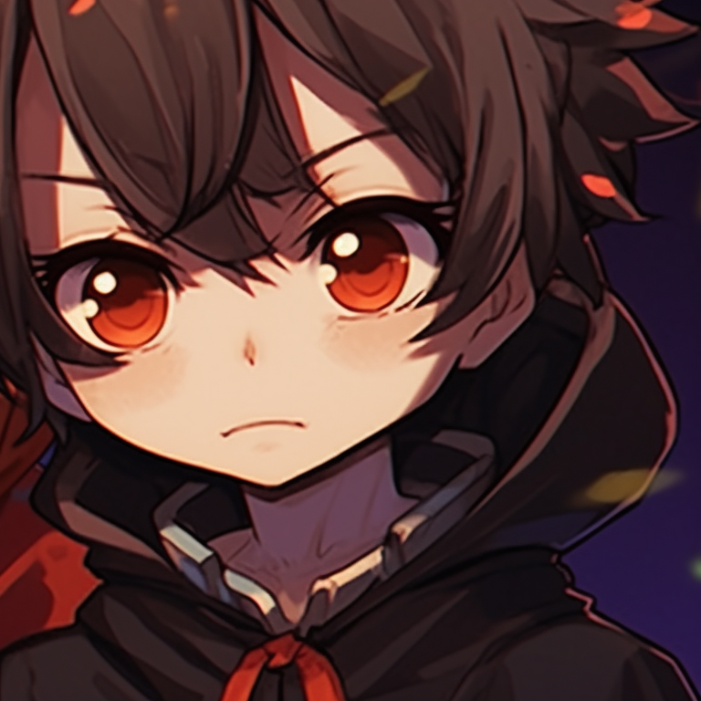 Two characters underneath an ominous moon, both donned in tattered Halloween costumes, a blend of warm autumn colors gives an eerie sense. meme matching pfp with a spooky halloween theme pfp for discord.