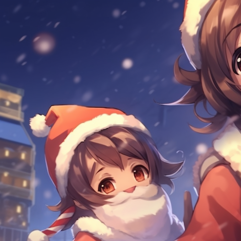 Two characters holding presents underneath a Christmas tree, intricate decorations and warm lighting. matching anime christmas pfp character inspiration pfp for discord.