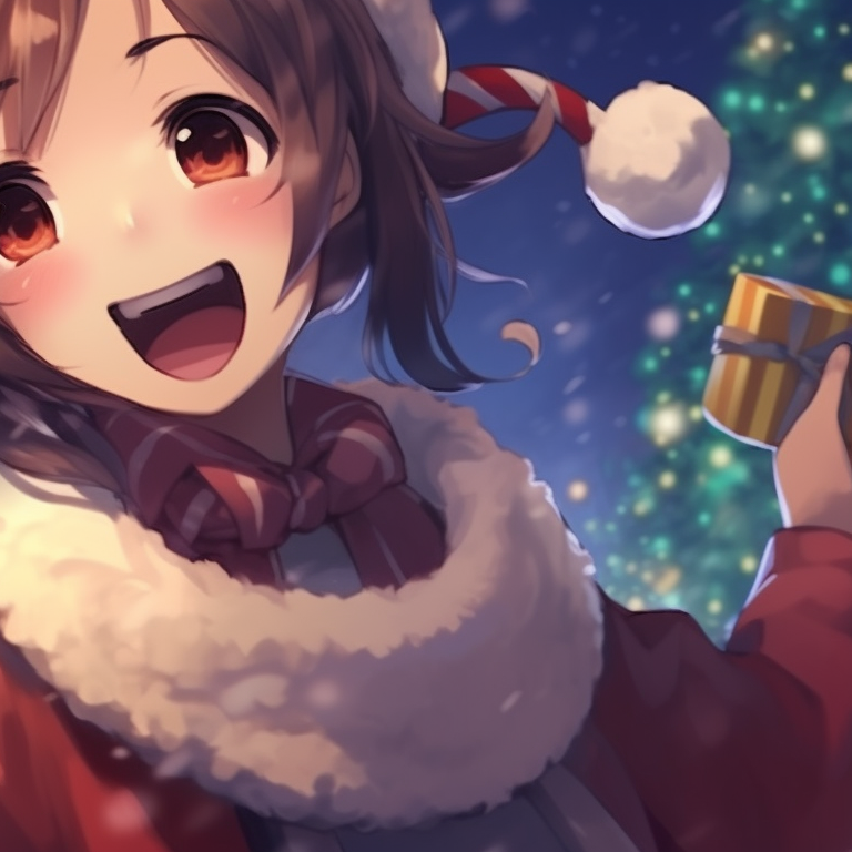 Two characters holding presents underneath a Christmas tree, intricate decorations and warm lighting. matching anime christmas pfp character inspiration pfp for discord.