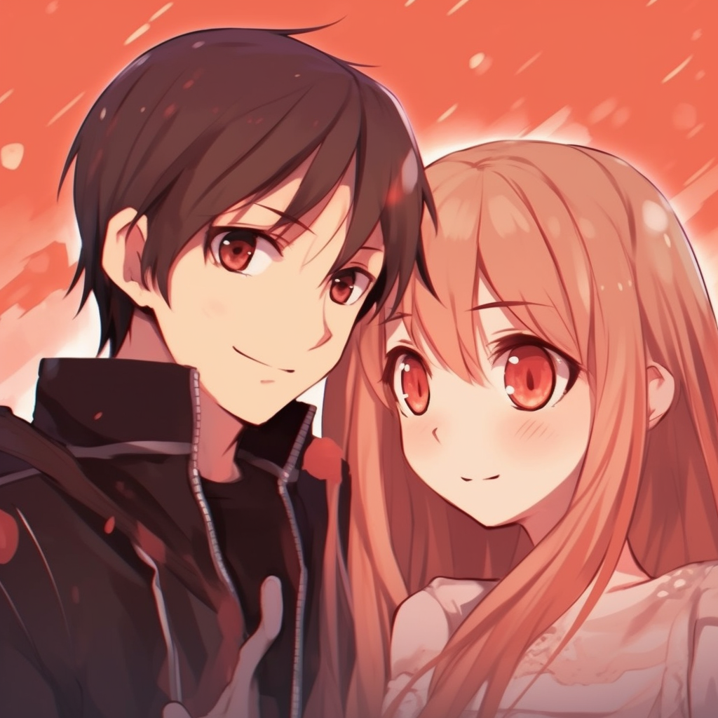 A close-up of Asuna and Kirito in a tight embrace, focusing on their content expressions and the detailed lines of their clothing. matching pfp anime for lovers