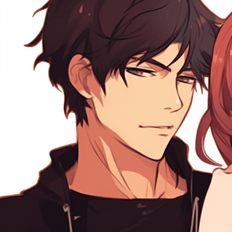 Two characters,in vibrant colored outfits, sitting back-to-back, heads tilted toward each other. endearing matching couple pfp pfp for discord.