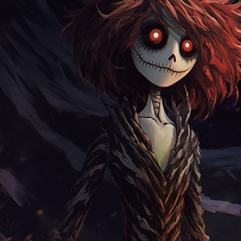 Two characters under a haunting full moon, twisted Christmas decorations in the background. matching scary christmas pfp horror film art pfp for discord.