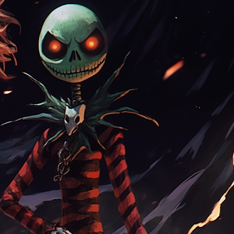 Two characters under a haunting full moon, twisted Christmas decorations in the background. matching scary christmas pfp horror film art pfp for discord.