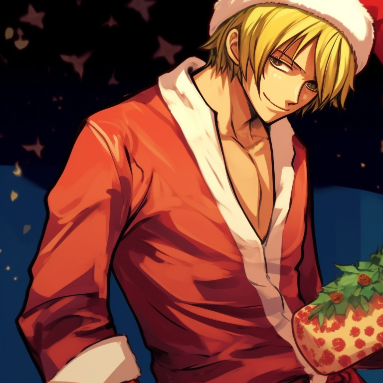 Sanji handing over a wrapped gift, highlighting the detailed gift box and cheerful glimpse. anime style matching sanji christmas pfp pfp for discord.