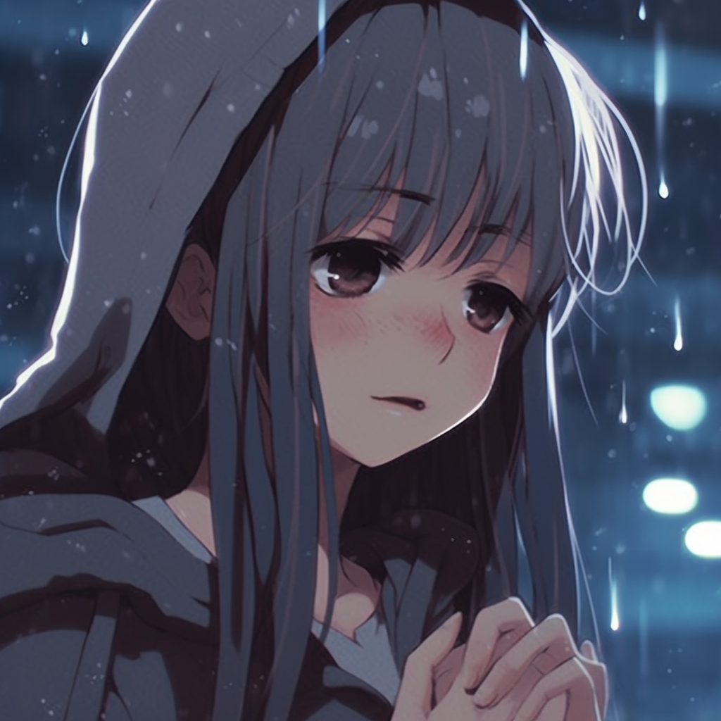 Depressed Anime Girl sitting alone in dim light, muted color palette and shadowy environment. depressed anime girl pfp for profiles pfp for discord.