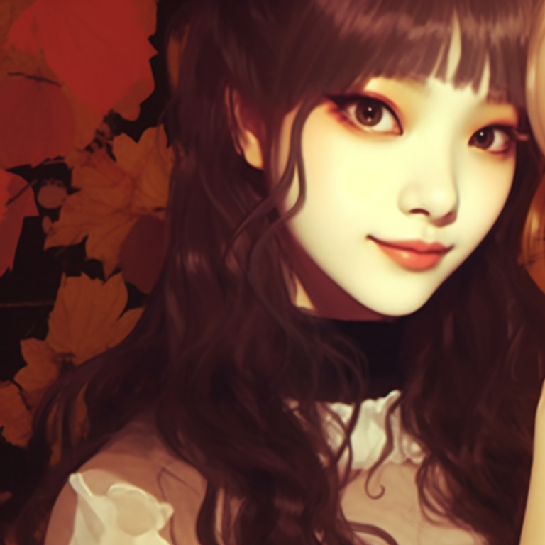 Two K-pop characters with carved pumpkins, warm color palette and playful expressions. kpop halloween theme matching pfp inspirations pfp for discord.