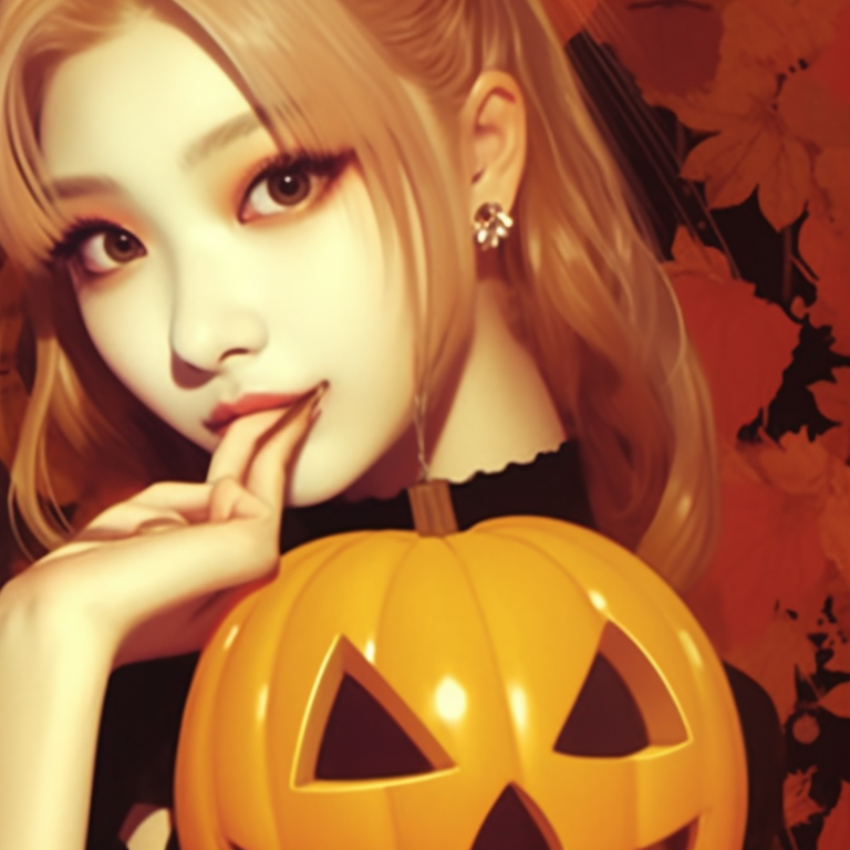 Two K-pop characters with carved pumpkins, warm color palette and playful expressions. kpop halloween theme matching pfp inspirations pfp for discord.