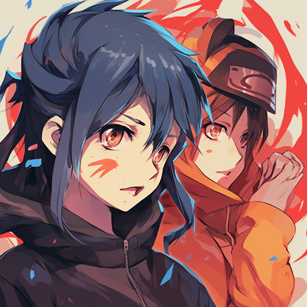 Naruto and Sasuke in dynamic shinobi poses, intricate details and intense color scheme. unforgettable matching anime pfp for friends