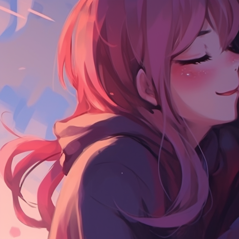 Two characters in a calm setting, intertwined postures, subdued colors and peaceful aura. synchronized anime icons for 2 friends pfp for discord.