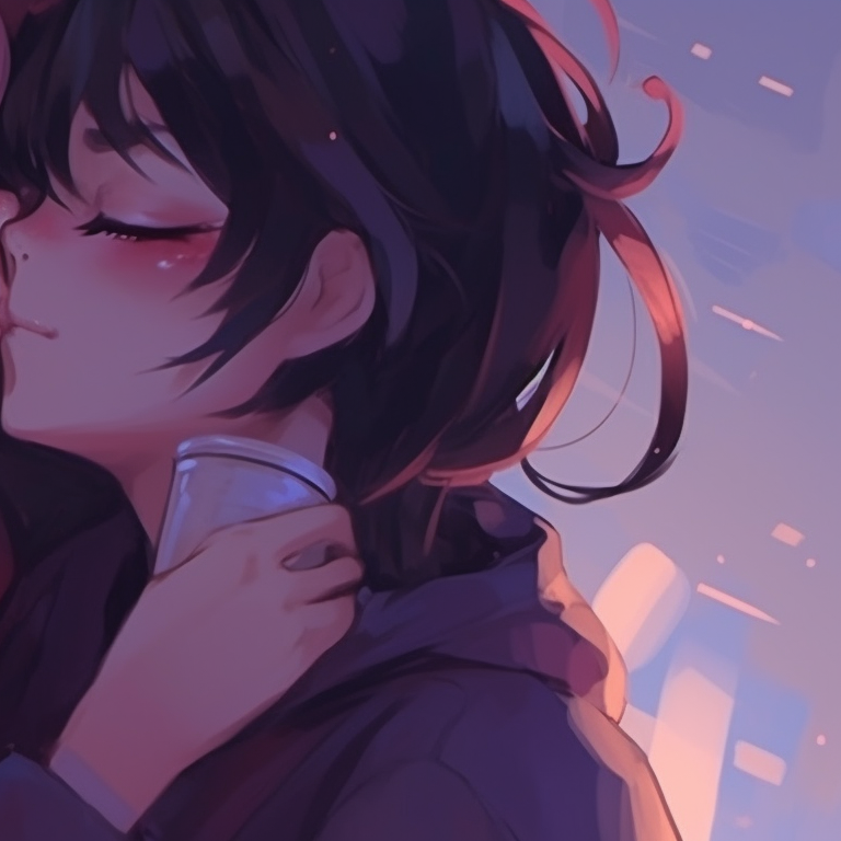 Two characters in a calm setting, intertwined postures, subdued colors and peaceful aura. synchronized anime icons for 2 friends pfp for discord.