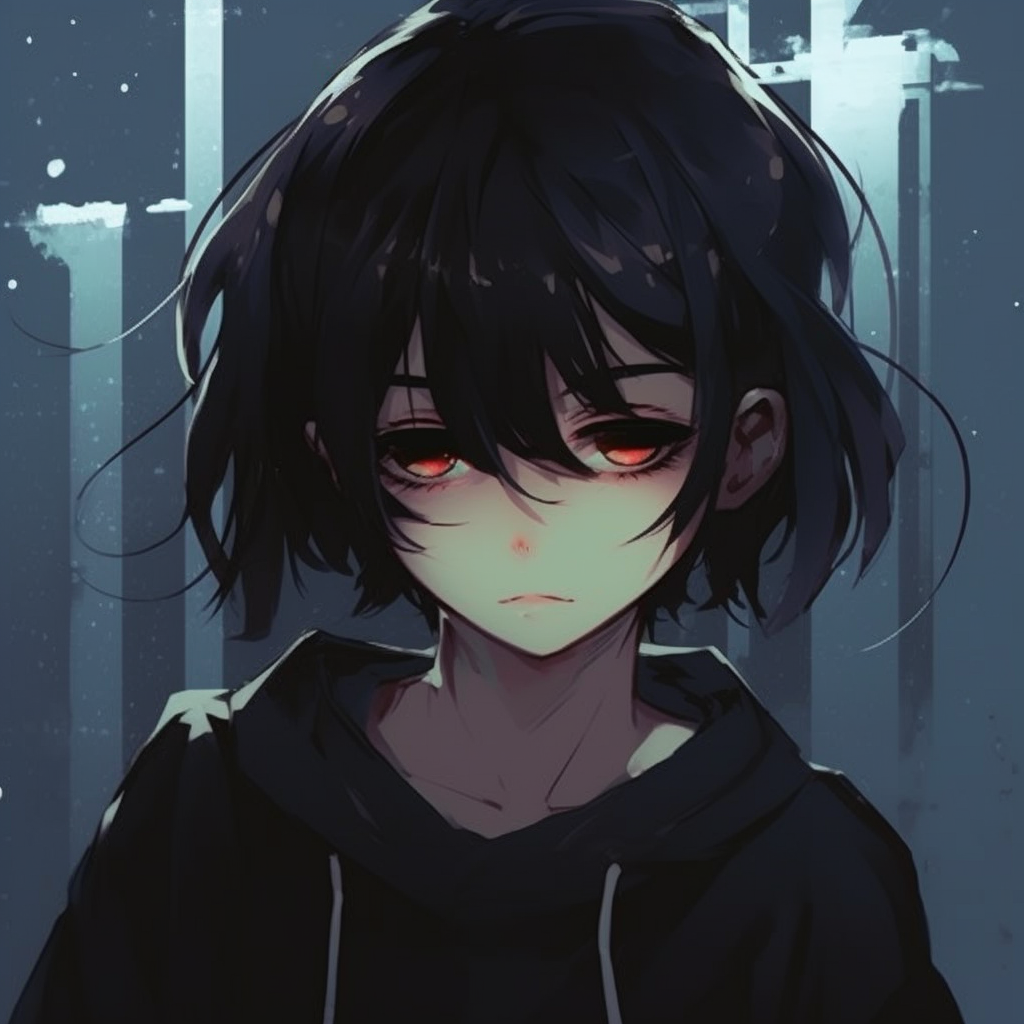 Character with a fractured soul, depicted with visual distortions and lower contrast palette. depressed anime characters pfp
