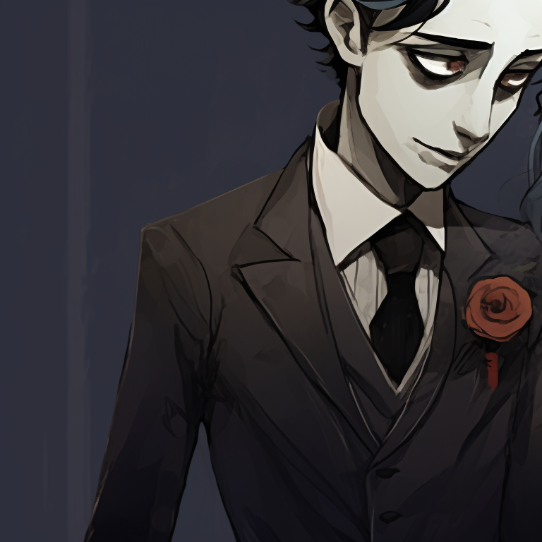 Two characters, ethereal glow and subdued shades, arms intertwined. unique corpse bride pfp pfp for discord.