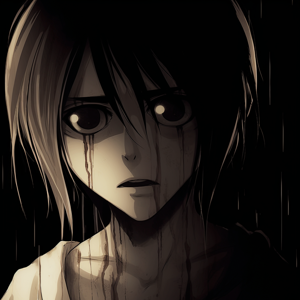 Eren Yeager showcasing an intimidating look, intricate facial details and dark surroundings. scary anime pfp for boys pfp for discord.