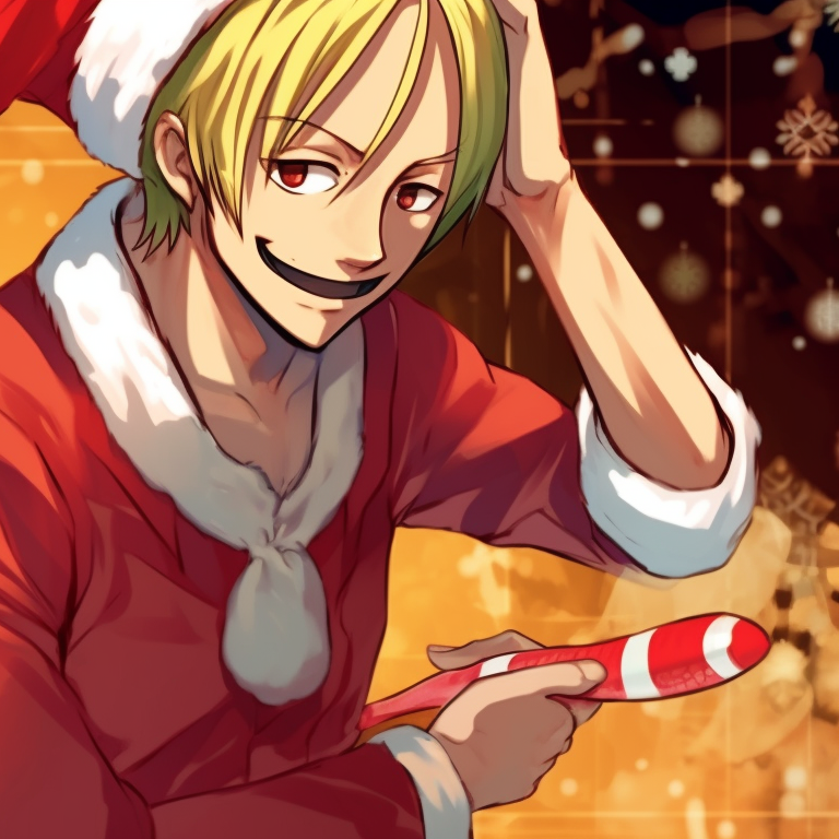 Sanji and another character singing carols, highlighted musical notes and joyful expressions. anime style matching sanji christmas pfp pfp for discord.