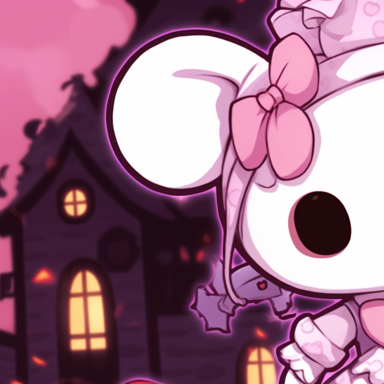 Two My Melody characters sitting on a tree branch, with a twilight sky in the background, both wearing Halloween costumes. my melody matching pfp halloween theme diy pfp for discord.